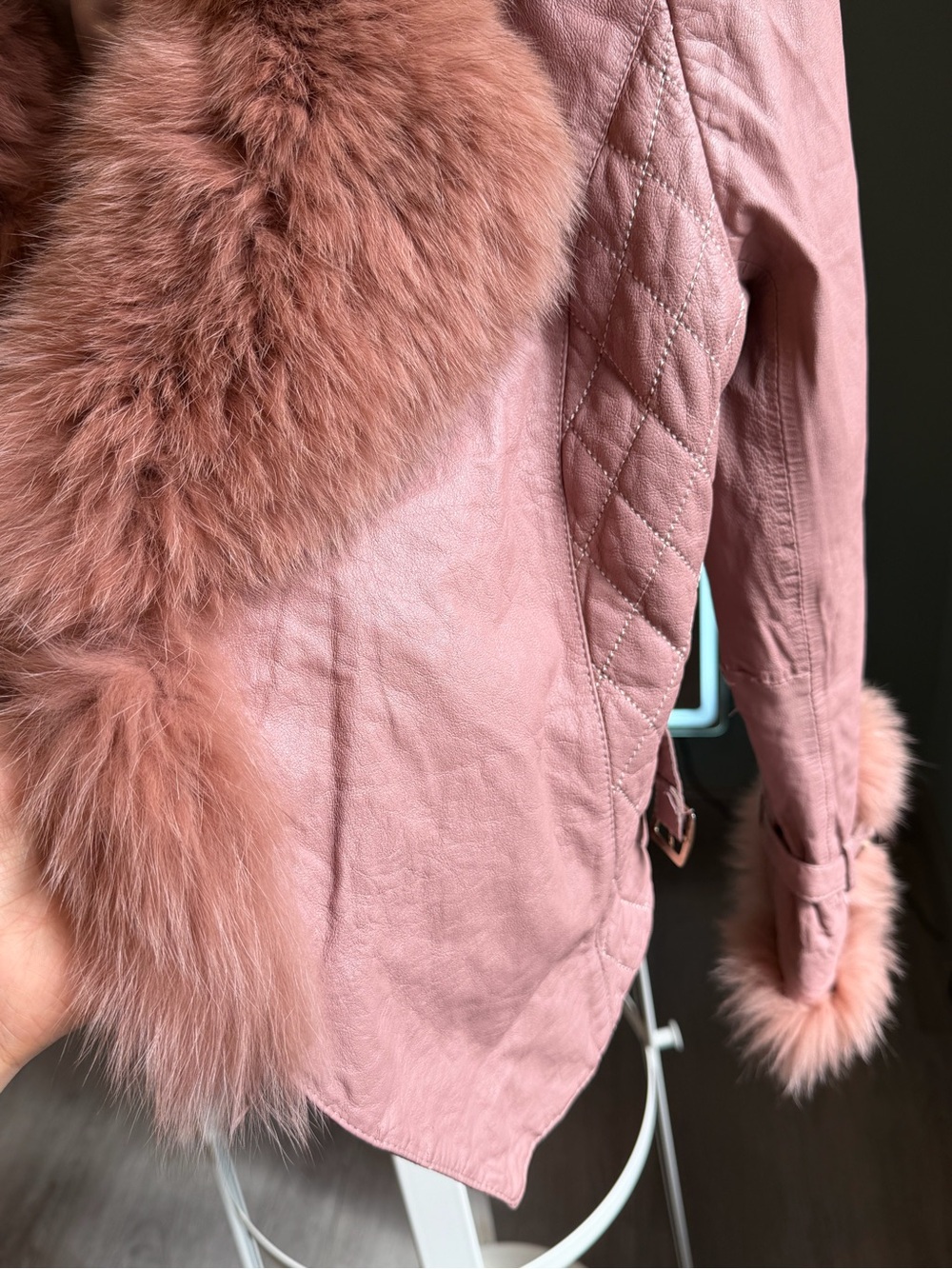 Vintage Pink sheep Leather Fox Fur Jacket XS Y2K Cropped - Picture 12 of 14